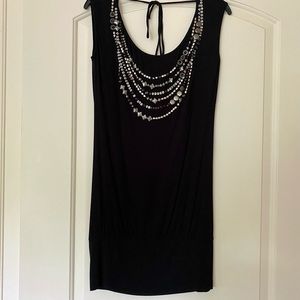 BCBG black dress with jeweled necklace pattern